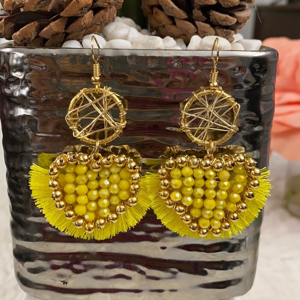 Oro Laminado 3" Yellow Wire Handmade Earrings Heart Shape boho Festive Jewelry